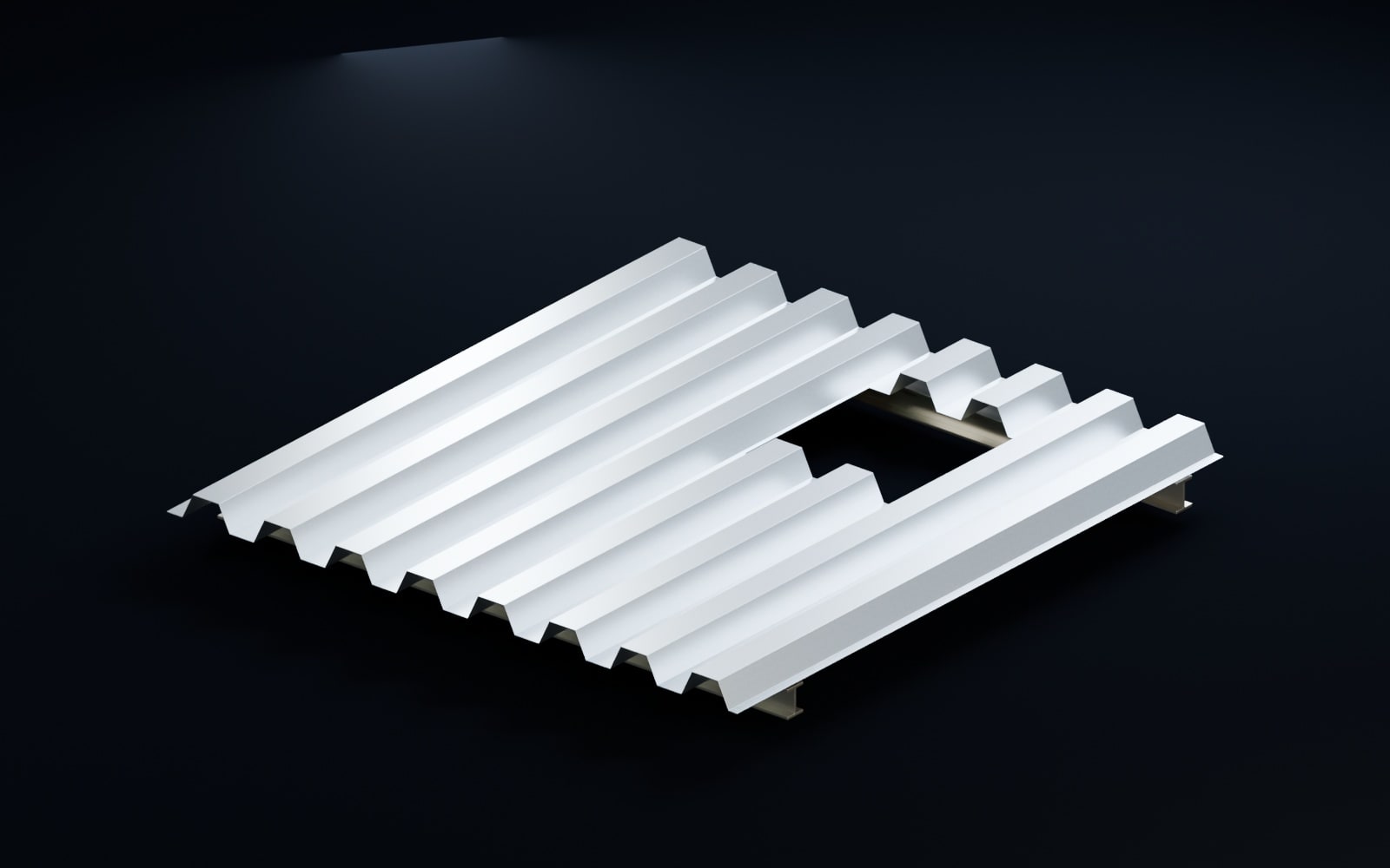 Three-dimensional section showing the metal roof layers and skylight junction: Structural steel deck